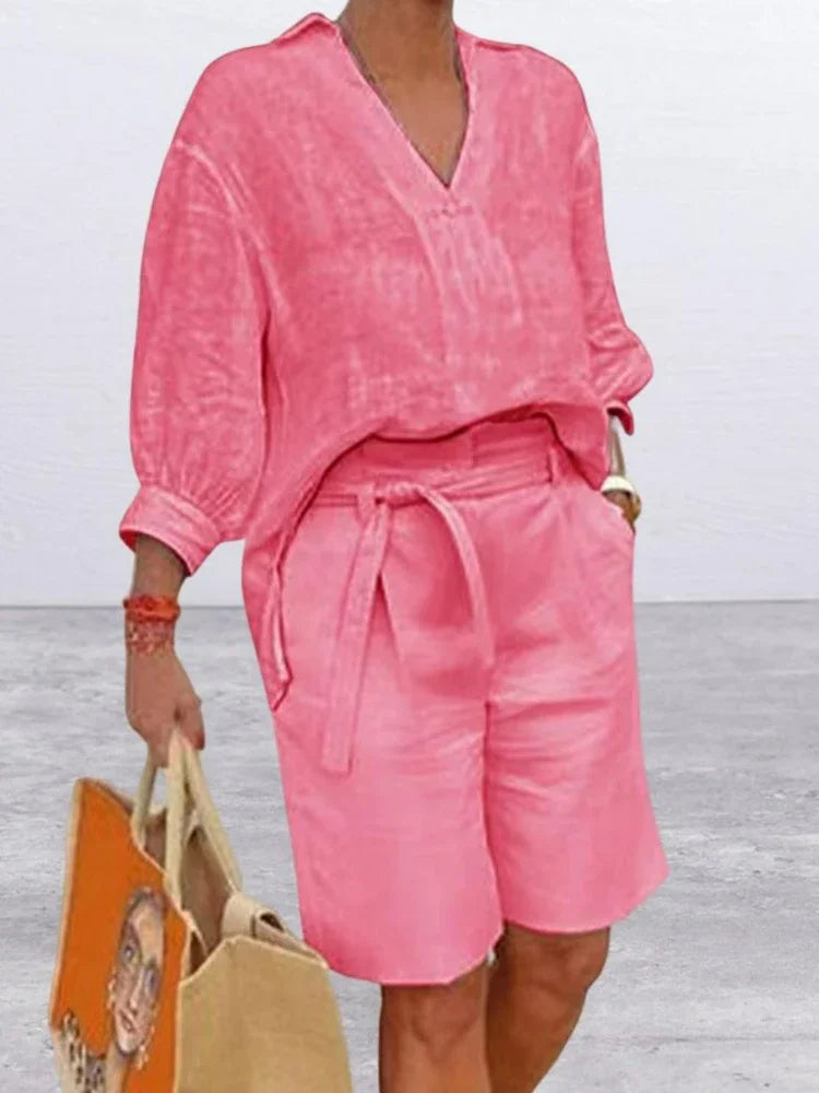 2024 Summer Fashion New Matching Collection Loose and Elegant V-neck Short Sleeve Cotton Linen Top Wide Leg Shorts Two Piece Set Pink