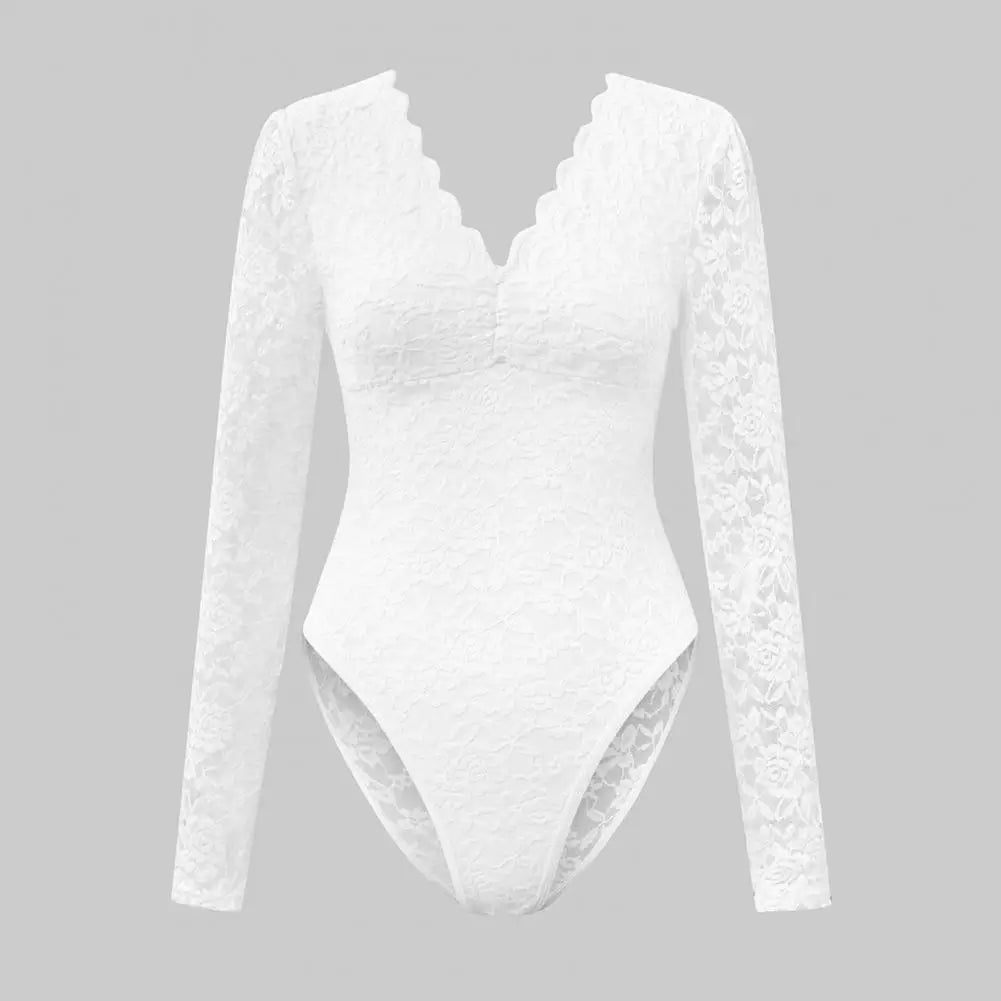 Slim Fit Bodysuit Elegant Lace Embroidered Bodysuit Deep V Neck Long Sleeve Playsuit Women's Slim Fit Spring Romper Lace