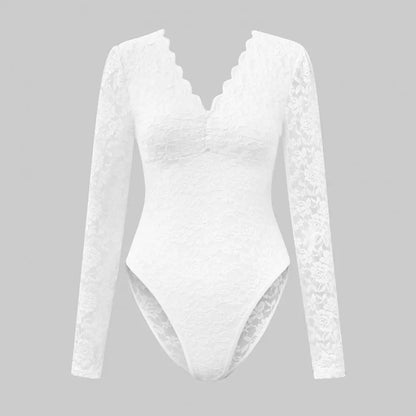 Slim Fit Bodysuit Elegant Lace Embroidered Bodysuit Deep V Neck Long Sleeve Playsuit Women's Slim Fit Spring Romper Lace