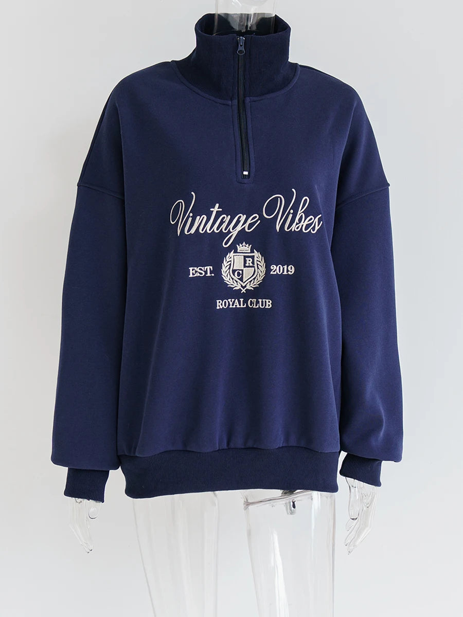 Vintage Letter Embroidery Sweatshirt Women Zipper Lapel Collar Long Sleeve Sweatshirts Autumn Streetwear Fashion Sport Pullovers