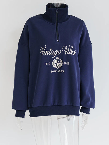 Vintage Letter Embroidery Sweatshirt Women Zipper Lapel Collar Long Sleeve Sweatshirts Autumn Streetwear Fashion Sport Pullovers