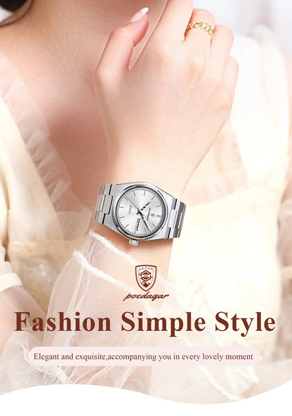 POEDAGAR Original New Woman Watch Stainless Steel Waterproof Luminous Ladies Wristwatch Date Week Elegant Quartz Women's Watches