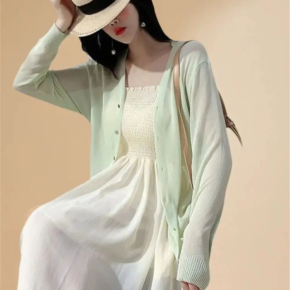 Spring Summer Comfortable Casual Blouses white knitted cardigan 2024 Women's Clothing Solid V-neck Elegant Fashion Button Loose