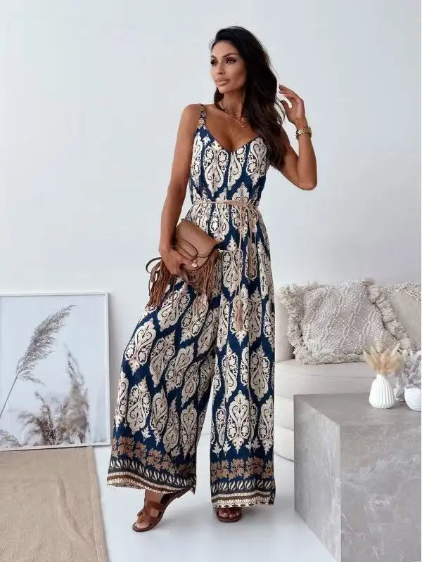 New Women's Wide Leg Jumpsuit V-Neck Strapless Belted Print New Style Short Pants MULTI2