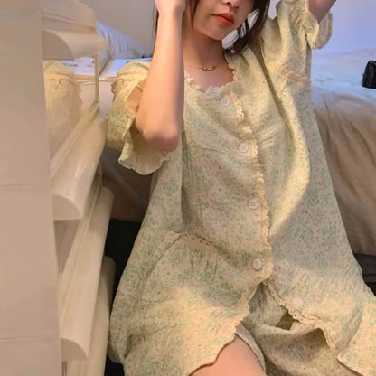 Ruffles Women Pajamas Sets for Home Summer Floral Sleepwear Shorts Sleeve Lace 2 Pieces Button Night Wears Korean Home Suit 2024