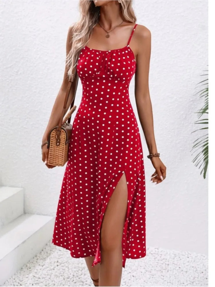 2024 Summer Sexy Spaghetti Straps Dress Women Fashion Polka Dot Print Sleeveless Slit Dress Boho Casual Beach Midi Dresses Badiee Stylez