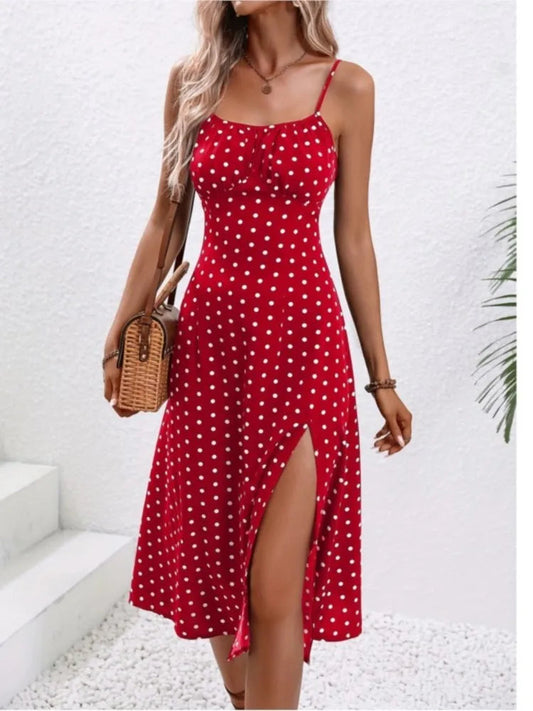 2024 Summer Sexy Spaghetti Straps Dress Women Fashion Polka Dot Print Sleeveless Slit Dress Boho Casual Beach Midi Dresses Badiee Stylez