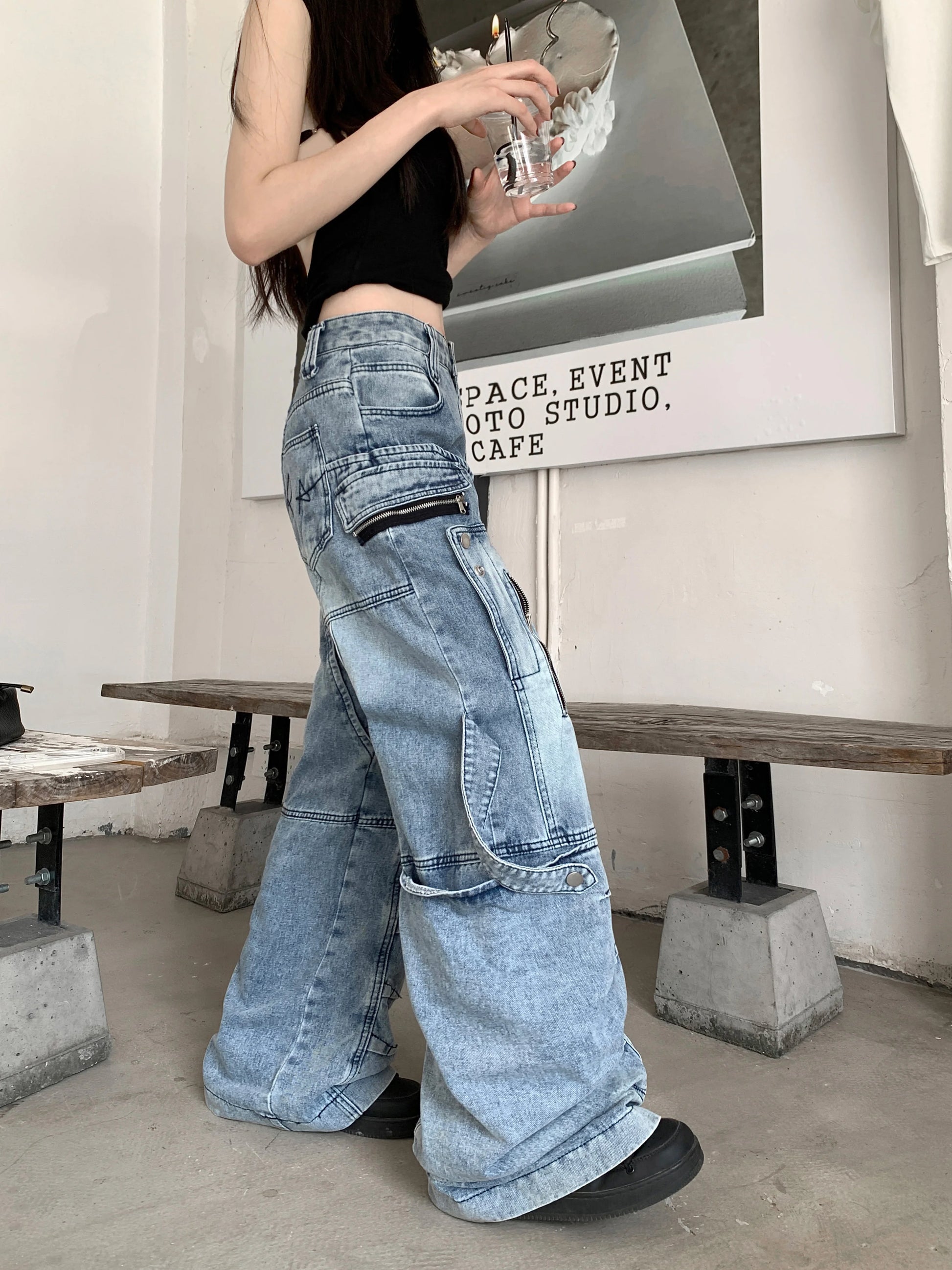 Women's Blue Cargo Baggy Jeans Y2K American High Street Oversize Harajuku Aesthetic Vintage Jeans Pants Trousers Clothing 2025
