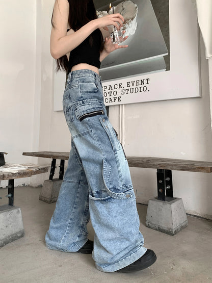 Women's Blue Cargo Baggy Jeans Y2K American High Street Oversize Harajuku Aesthetic Vintage Jeans Pants Trousers Clothing 2025