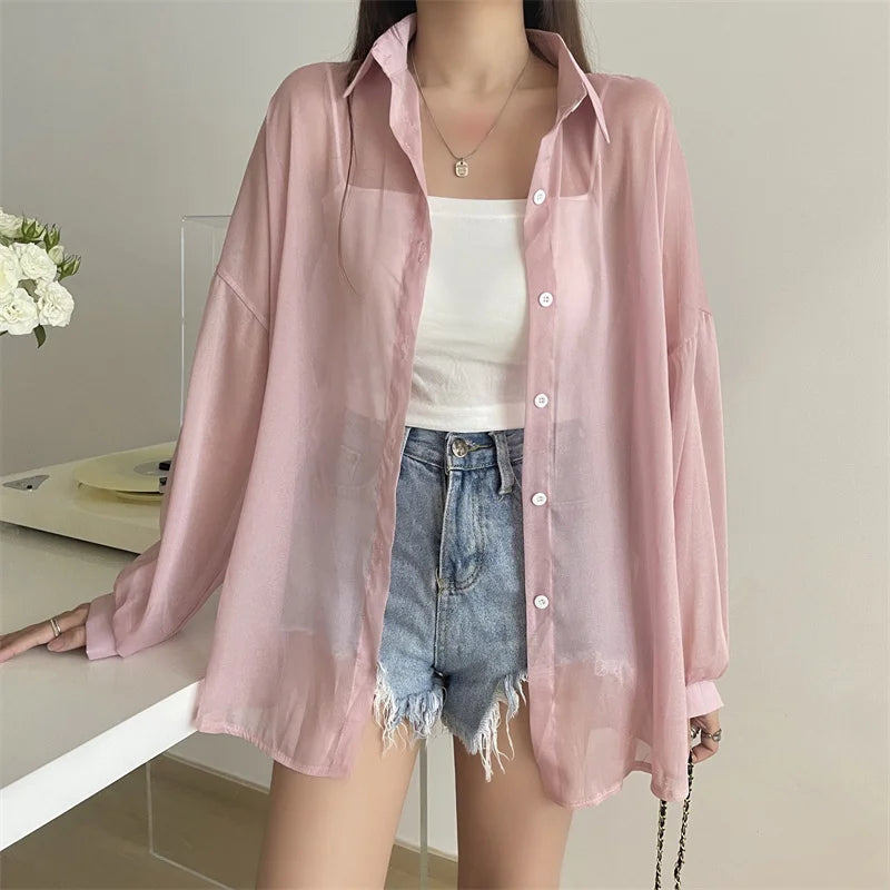 Semi Sheer Long Sleeve Shirt for Women Shimmer Button Down Collared Plain Lightweight Shirt Spring Summer Chic Tops Outfit