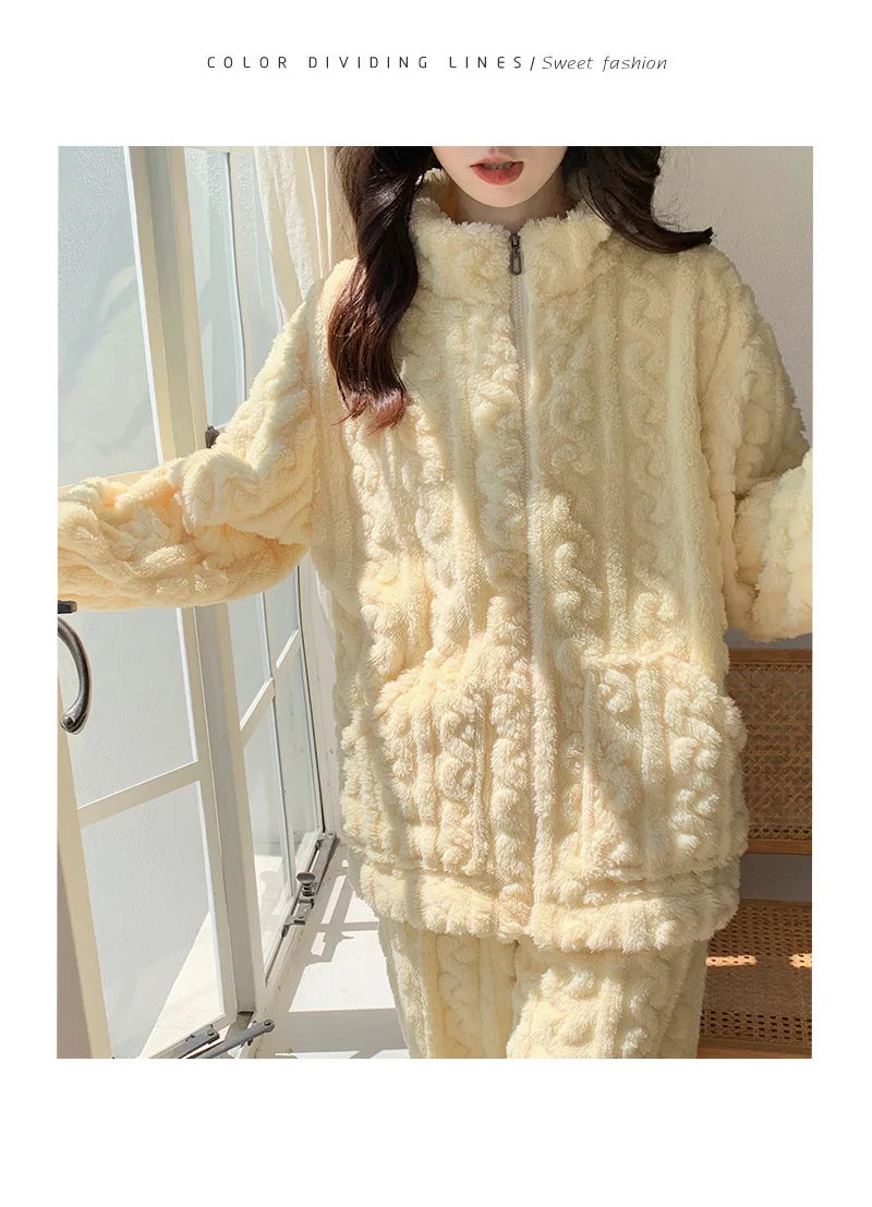 Large Size Flannel Pajamas Set Autumn Winter Female Sleepwear Trouser Suit Thicken Coral Fleece High Collar Lounge Wear Homewear