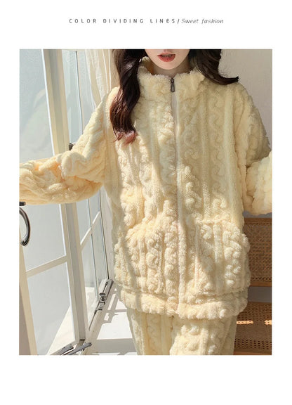 Large Size Flannel Pajamas Set Autumn Winter Female Sleepwear Trouser Suit Thicken Coral Fleece High Collar Lounge Wear Homewear