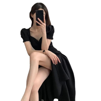 Solid Puff Short-Sleeved Elegant Slit Dress New Fashion Women V-neck Full Dresses Ladies High Waist Slim Evening Party Vestidos