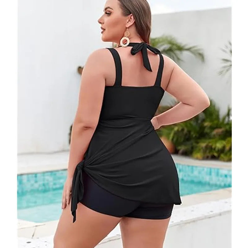 Women Plus Size Swimwear Two Piece Black Tankini Swimdress V Neck Halter Floral Asymmetrical Hem Skirted Swimsuits with Boyshort