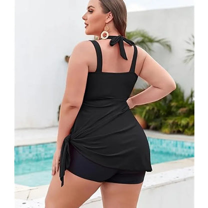 Women Plus Size Swimwear Two Piece Black Tankini Swimdress V Neck Halter Floral Asymmetrical Hem Skirted Swimsuits with Boyshort