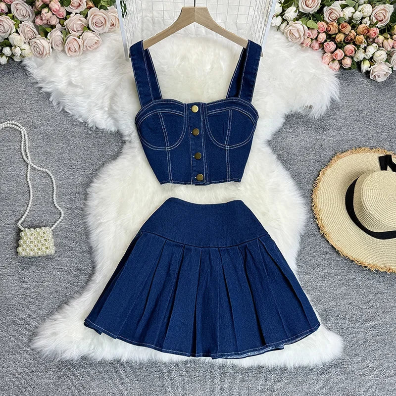 Two Piece Sets Women Sexy Dress Sets Skirt Set Sling Sleeveless Casual Denim Tops Short Skirts A Line Elegant Splice Y2k Summer