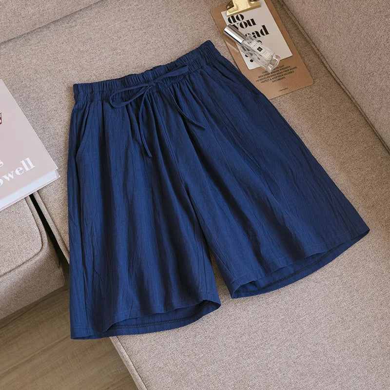 2024 Women Cotton Shorts,Summer Casual Solid Two Pockets shorts high waist loose shorts for girls Soft Cool female shorts Navy