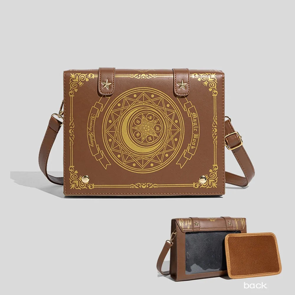 Kawaii Star Moon Badge Display Shoulder Bag Magic Book Design Transparent Window Women Messenger Bag PU Girls Ita-bag Lolita Brown