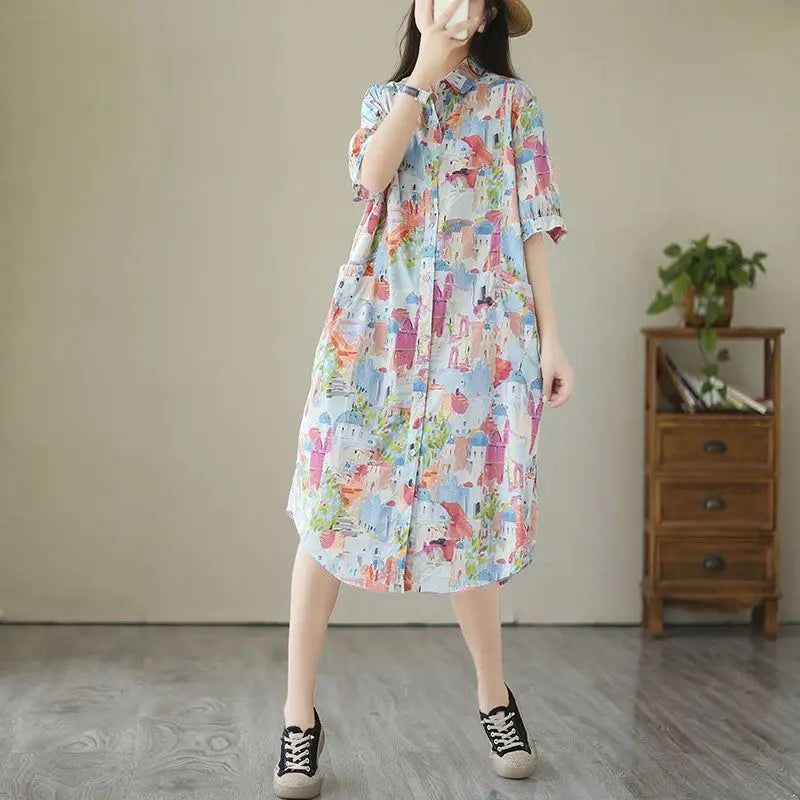 Fashionable Cartoon Printed Short-sleeved Shirt Skirt for Women in Summer Loose Dress