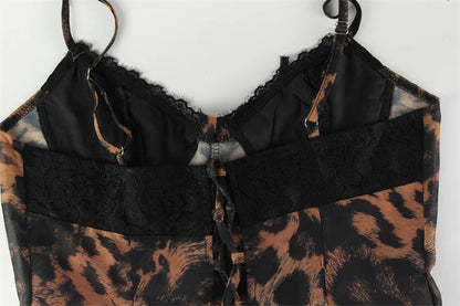 Ahagaga Sexy Leopard Women's Mini Dresses Camisole Sleeveless V-Neck Slim Fit Lace Bows Blackless Streetwear Bodycon Vestidos