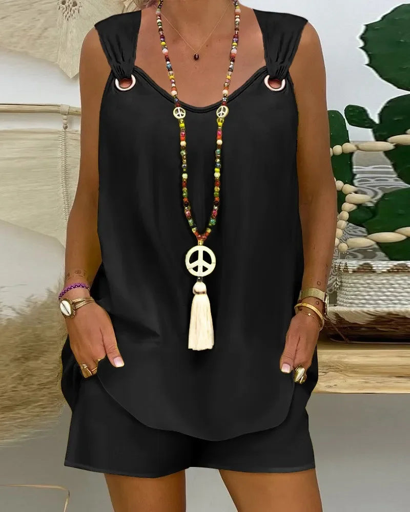 Women High Waist Short Sets Streetwear Elegant Fashion Versatile Solid Color Sleeveless Casual Top and Shorts Suits for Female A