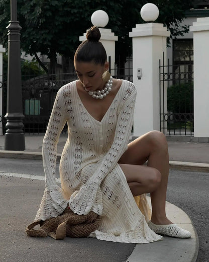 DSMTRC 2025 Holiday Knitted See-throught Cardigan Dress V Neck Long Flare Sleeves Leisure Long Trendy Single Breasted Autumn