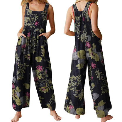 5XL Women Jumpsuit Vintage Leaf Floral Print Square Neck Sleeveless Rompers Overalls with Pockets Y2k Harajuku Streetwear