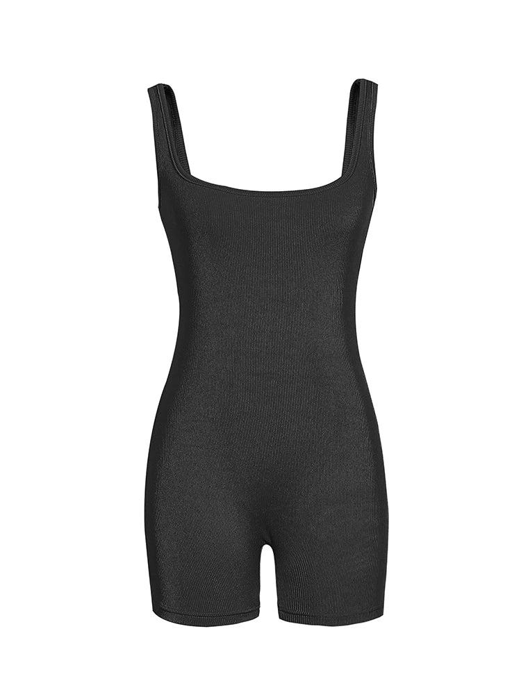 Women's Solid Color Camisole Square Neck Stretchy One-Piece Jumpsuit Sports Tank Top with Tight Pants And Belly Control