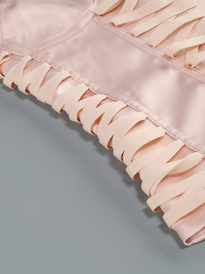 Pink Prom Dress Strapless Pink Structured Top With Floral Embellished Mini Skirt Bodycon Celebrity Party Cocktail 2 Pieces Set