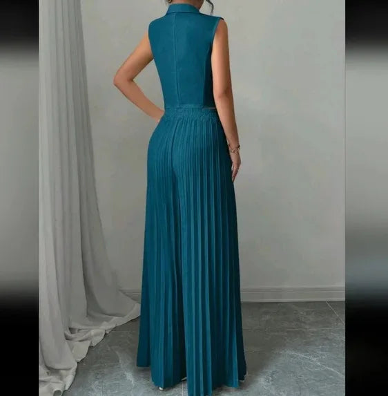 Women Fashion Solid Office Suit Casual Slim Button Two Piece Set Elegant Turn Down Collar Sleeveless Blazer&Pleat Pants Outfits