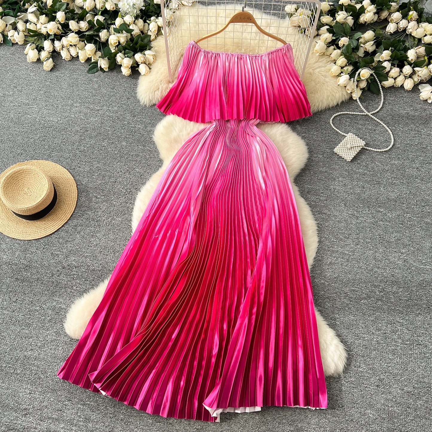 SINGREINY 2025 Gradient Party Long Dress Female Off Shoulder Elastic Waist A Line Sundress Vacation Luxury Pleated Maxi Dresses