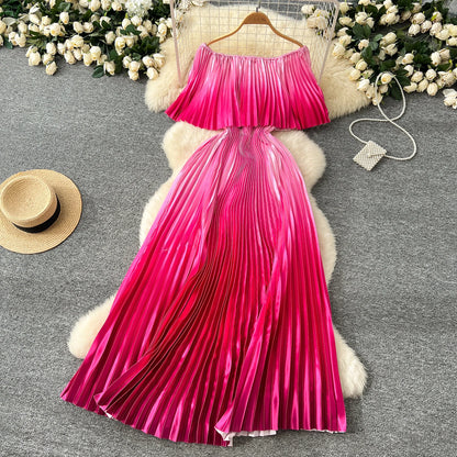 SINGREINY 2025 Gradient Party Long Dress Female Off Shoulder Elastic Waist A Line Sundress Vacation Luxury Pleated Maxi Dresses