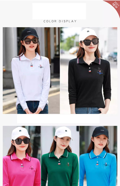 European Station Polo Neck Long sleeved T-shirt Women's Summer New High end Luxury Pure Cotton Loose Fashion Casual Large Top