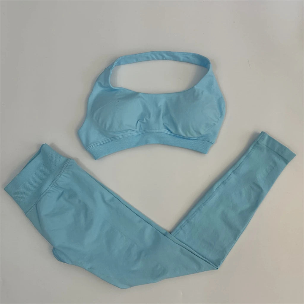 No Logo Yoga Legging Sets for Women Seamless Yoga Set Scrunch Butt Legging Set Workout Gym Suit with Halter Crop Top Badiee Stylez