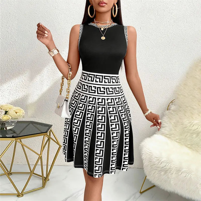 Dress 2025 Summer Commuter Color Contrast Printed Round Neck A-line Sleeveless Dress Short Skirt Casual Fashion Mini Dress Women