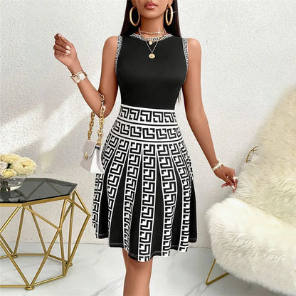 Dress 2025 Summer Commuter Color Contrast Printed Round Neck A-line Sleeveless Dress Short Skirt Casual Fashion Mini Dress Women