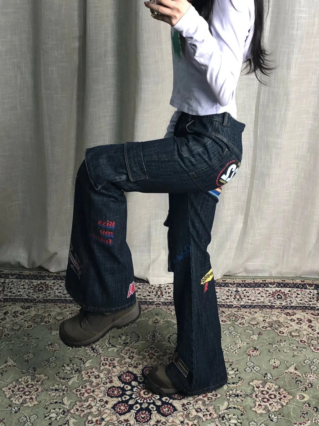 Karrram Vinatge Y2k Baggy Jeans Japanese 2000s Style High Waist Flared Jeans American Retro Denim Cargo Pants Harajuku Trousers