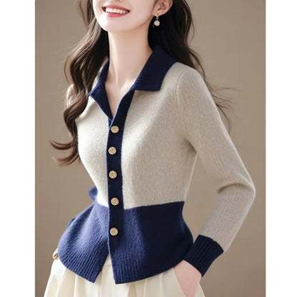 2024 Patchwork New Autumn Winter Polo Knitting Cardigan Sweater Coat Fashion All-match Long Sleeve Temperament Top Tee Women's APRICOT
