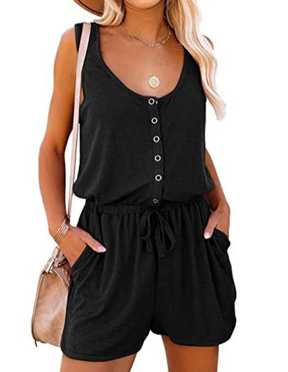 European and American Women's Summer Cross-Border New Sleeveless Jumpsuit With Waist Tied Casual Loose Wide leg Shorts Badiee Stylez