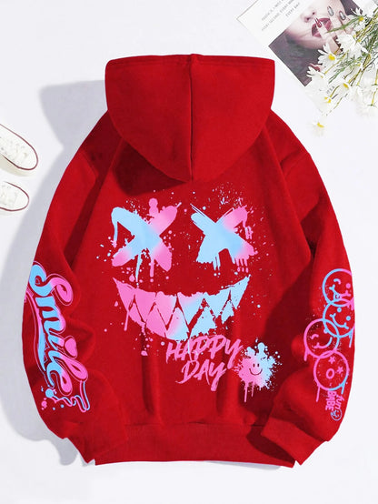 Colorful Facial Expressions Hoodie Women Happy Day Hoodies Warm Fleece Woman Hoody Fur-liner Pullover Casual Clothing