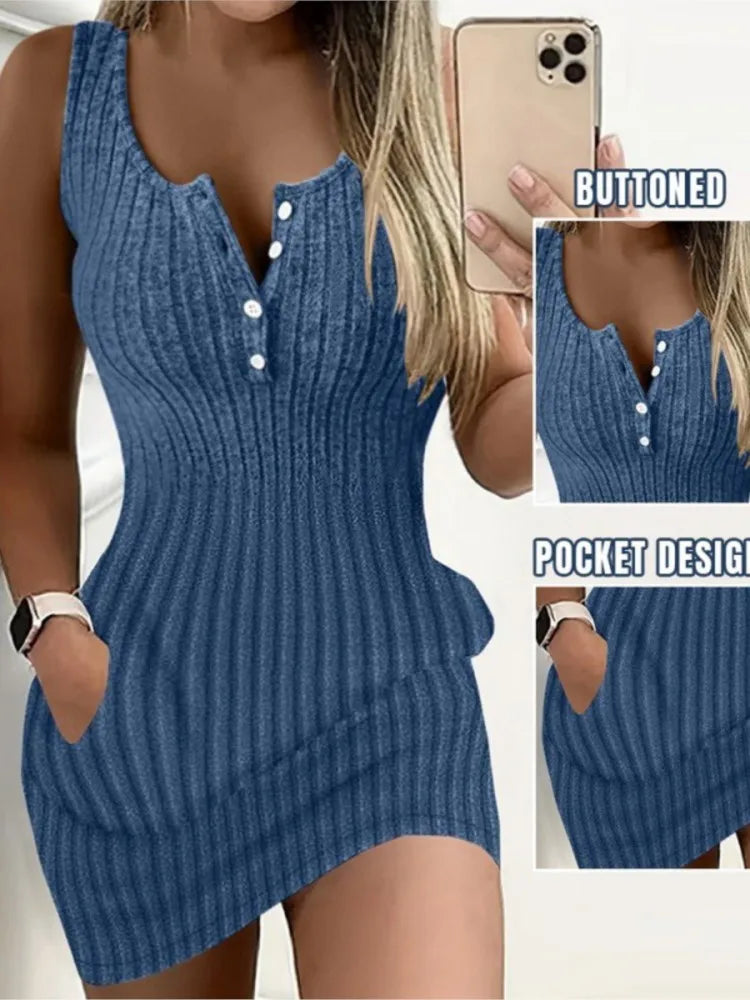 Women's Bodycon Dress 2024 Summer Fashion Sexy New Solid Color Pit Strip Slim Sleeveless Tank Mini Knitting Dresses For Women Blue