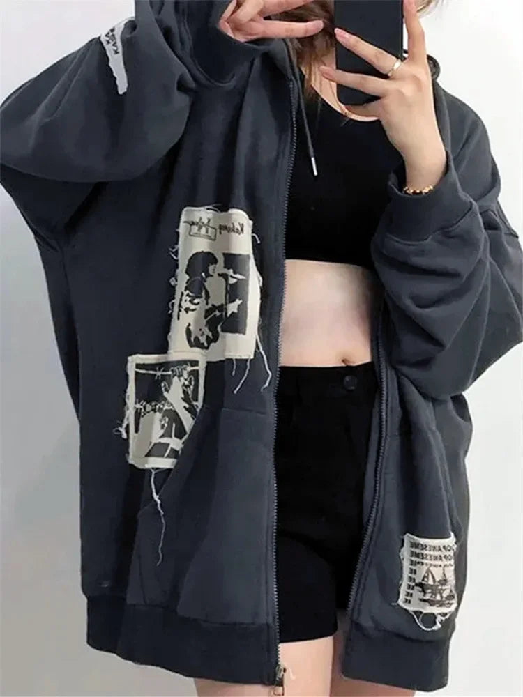Women Sweatshirt Coats Graffiti Print Gothic Grunge Zip Up Hoodie Top Dark Academia Jacket Autumn Aesthetic Y2K Outerwear
