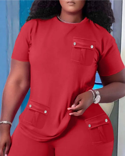 Women Two Piece Shorts Sets Solid Round Neck T Shirts Pockets Elastic Waist Short Trousers Suits Leisure Ladies 2025 Summer