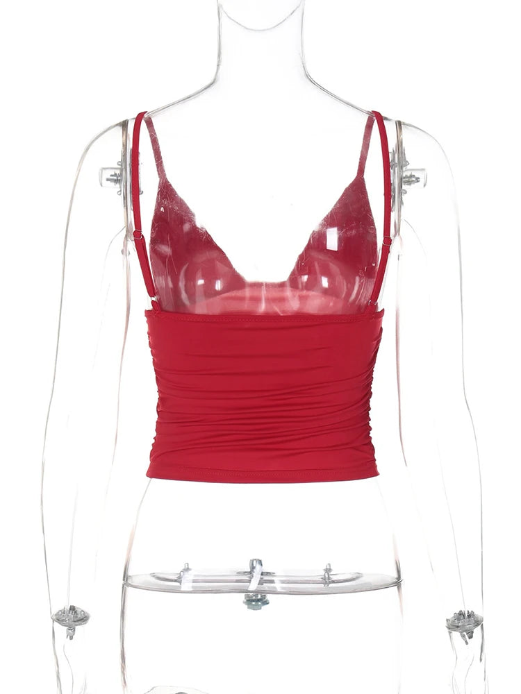 Hugcitar V Neck Solid Ruched Sexy Slim Y2K Crop Tank Top Summer Women Fashion Casual New Clothes Streetwear Beach Vacation