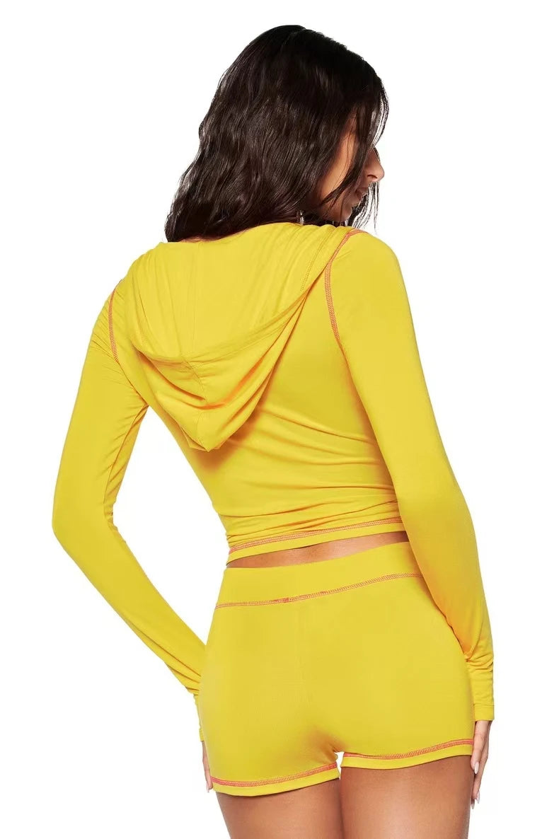 new shoulder letter printed open thread design slim fit hooded zipper short jacket shorts set