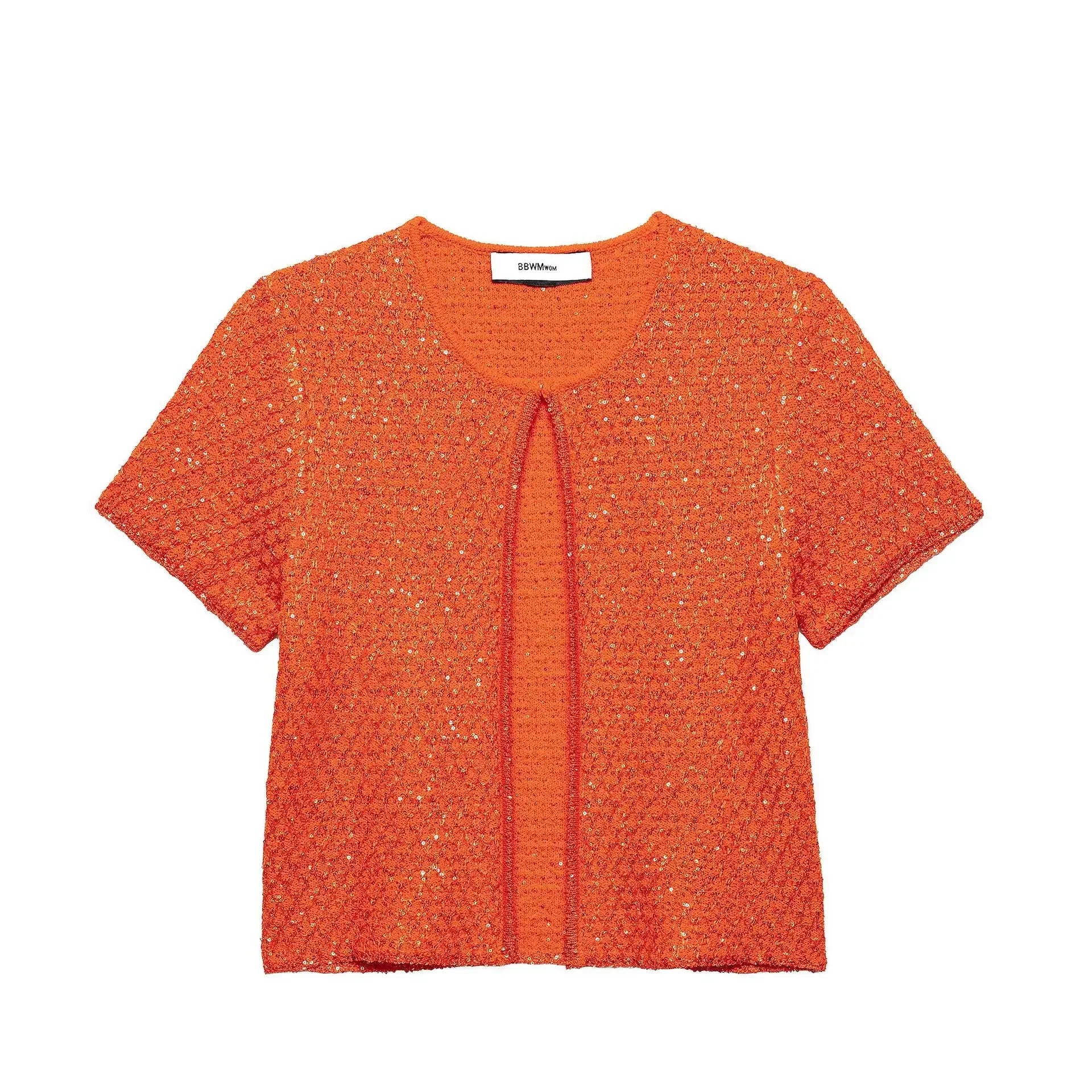 Elegant Sequined Orange Cardigans Women Y2k O-neck Short Sleeve One Button Female Tops 2025 Street Summer Lady Chic Knitwear Orange red coat