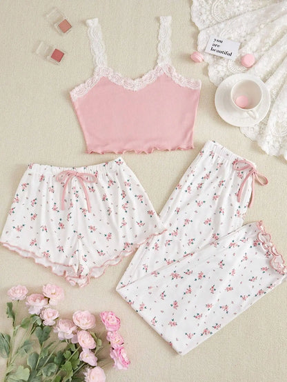 3pcs Women's Pajamas Heart-shaped Printed Vest Shorts And Pants Paired With Ribbed Fabric For Home Casual Women's Sleepwear Set G