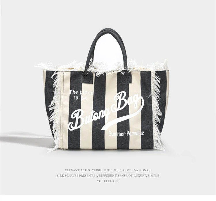 European and American Letters Tassel Canvas Bag Arge Capacity Handbags Travel Women Beach Tote Bag Fashion Casual Shopping Bags