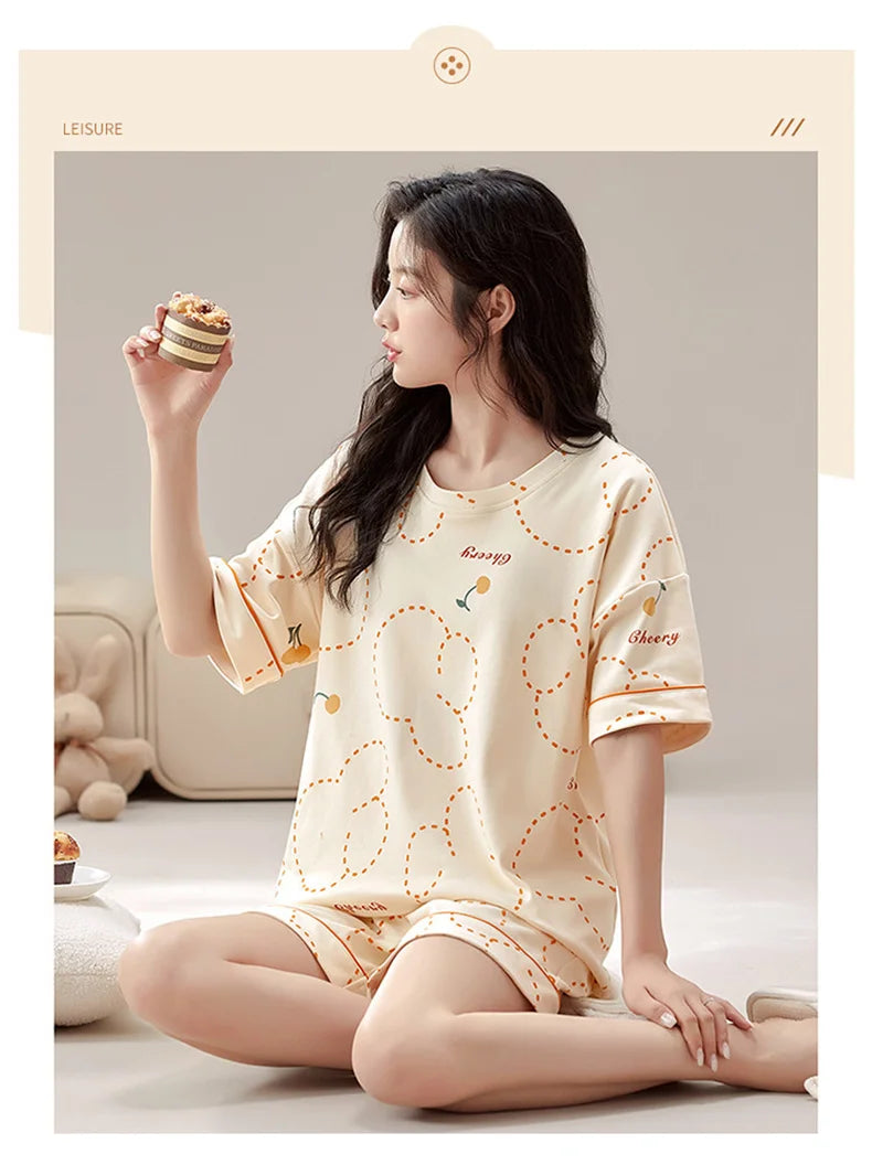 Summer 100% Cotton Women's Pajamas With Padded Bra Sweet Princess Cartoon Comfortable Short Sleeve Shorts Pajama Sets