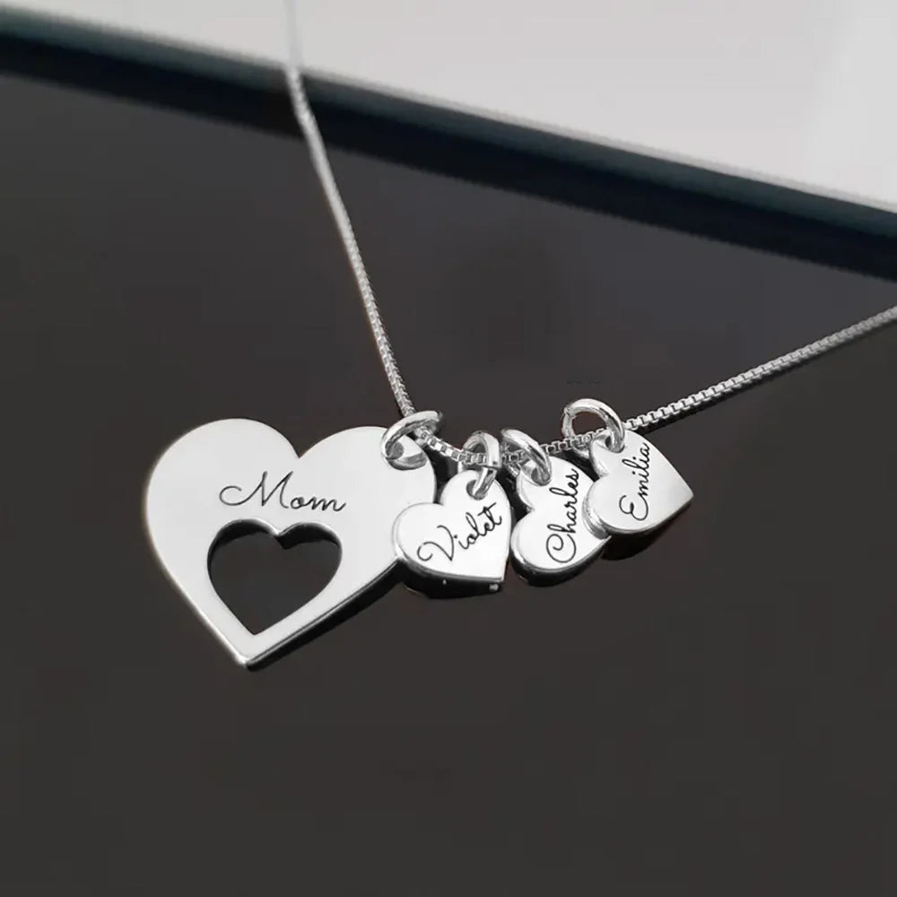Personalized Name Hearts Necklace For Mom Engraved With Multiple Kids Names Customized Stainless Steel Jewelry Mother's Day Gift Badiee Stylez